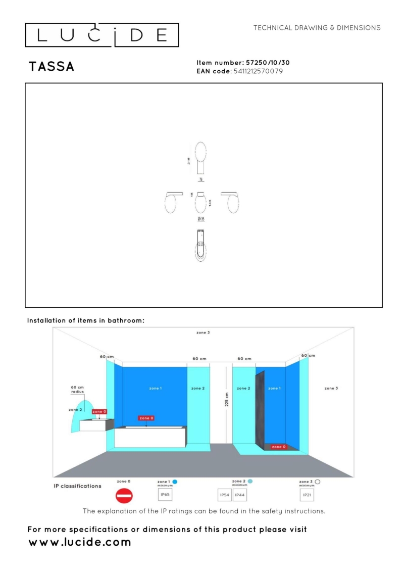 Lucide TASSA - Nástenné svietidlo Kúpeľňa - LED Dim. - 1x7,6W 1800K/3000K - Čierna
